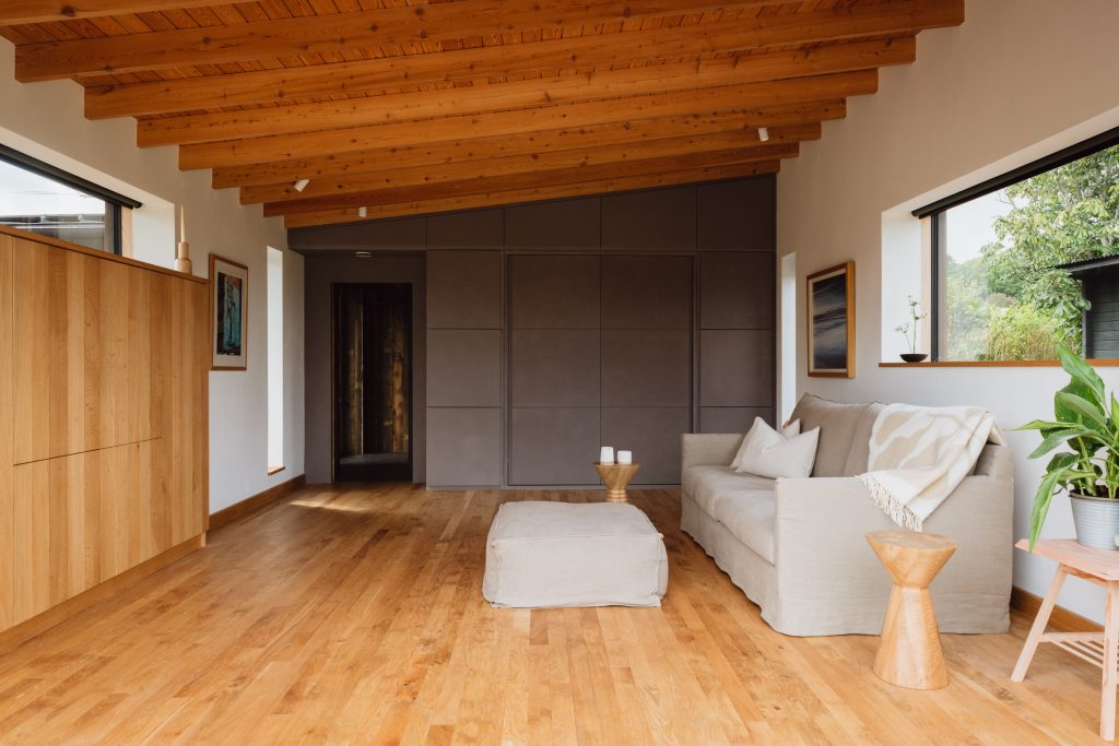 The beams are made from Douglas Fir. Much of the wooden furniture, including the side table shown, was made locally by Barnby Design.
