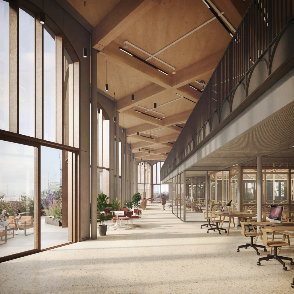 A CGI of the interior, with CLT clearly visible at ceiling level.