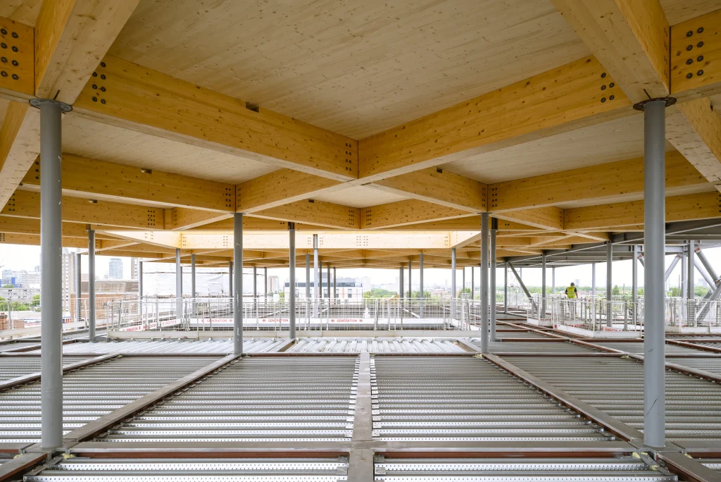 Installation of the prefabricated timber frame system. 