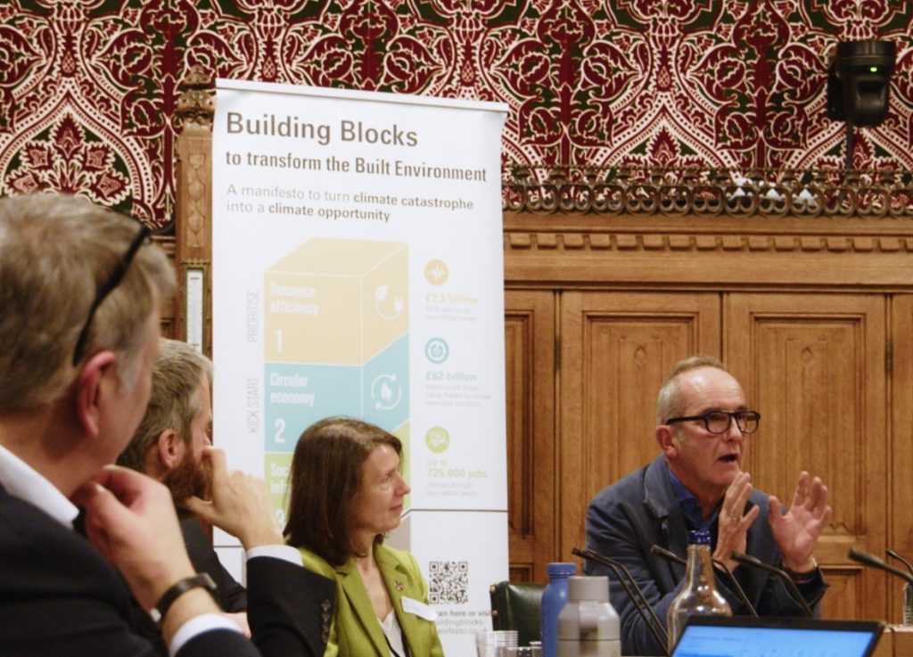 Kevin McCloud speaking at Architects Declare's launch of the Building Blocks manifesto