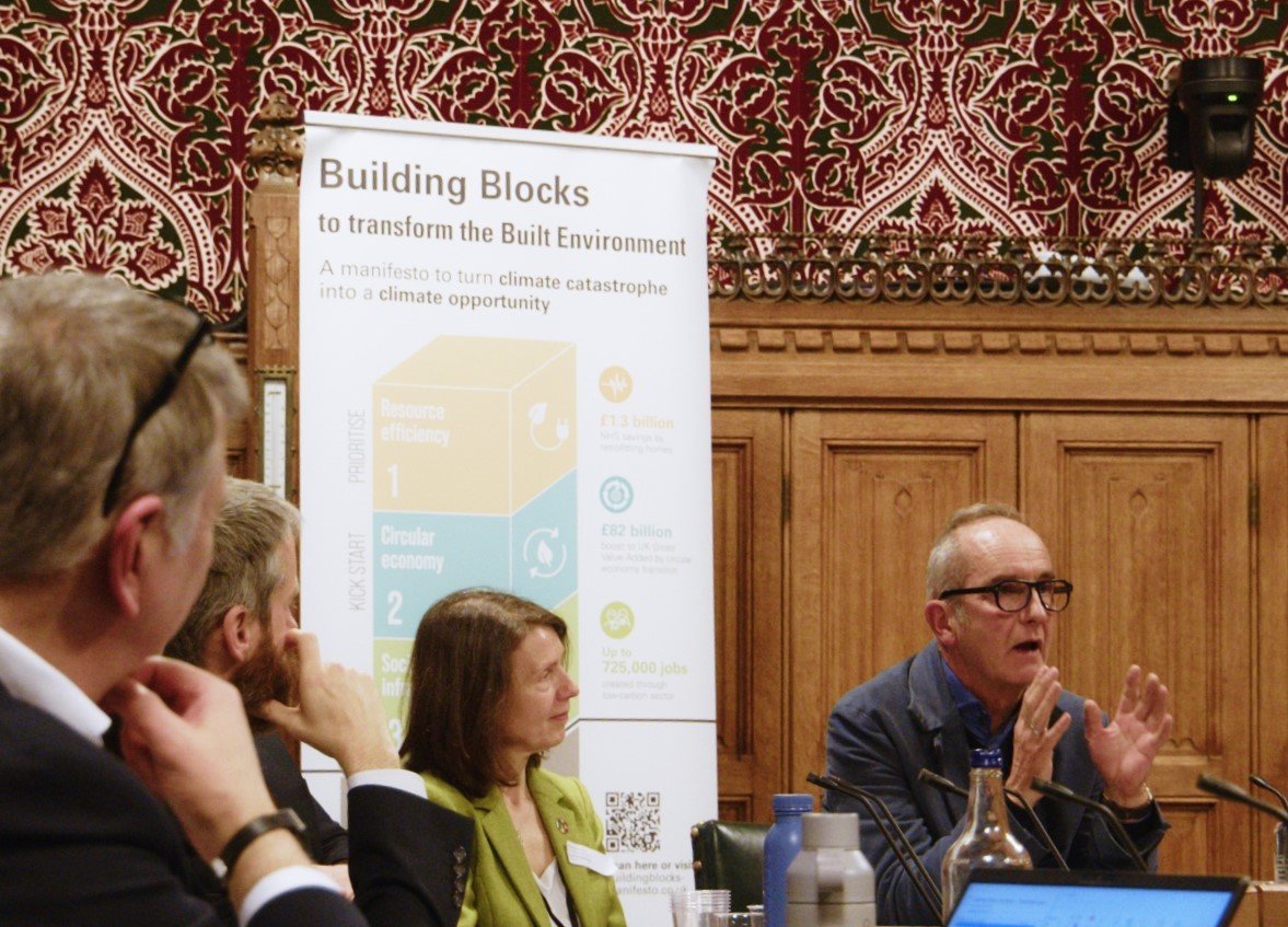 Kevin McCloud speaking at Architects Declare's launch of the Building Blocks manifesto