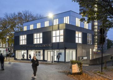 198 CAL by night: a local community and arts centre in Brixton, South London, designed by CarverHaggard architects.