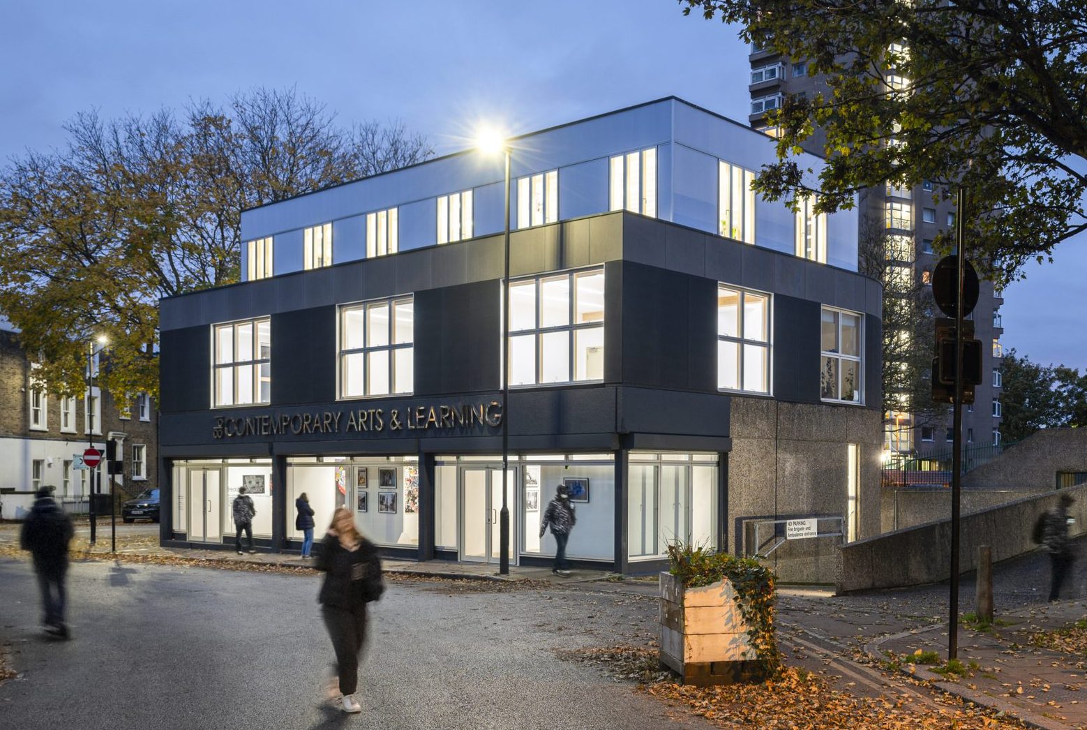 198 CAL by night: a local community and arts centre in Brixton, South London, designed by CarverHaggard architects.