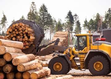 Rettenmeier. Shot of logs being handled by machine on site.